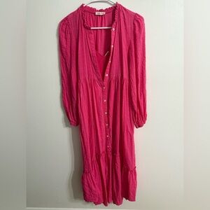 Main Strip 100% Rayon Vibrant Pink Swiss Dot Maxi Dress Sz S